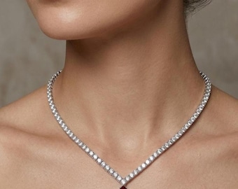 Diamond Tennis Necklace with Pear Drop,925 Sterling Silver, White Gold Plated, Diamond Necklace, Luxury Gift for Her.