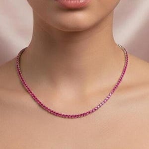 Roter Rubin Tennis Halskette, 925 Sterling Silber, Weißgold überzogen, Minimal Schmuck Geschenk.