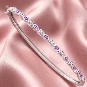Purple Gemstone Bangle, Amethyst Diamond Bangle, 925 Sterling Silver White Gold Plated Bangle, Elegant Bridal Bangle, Gift for Her.