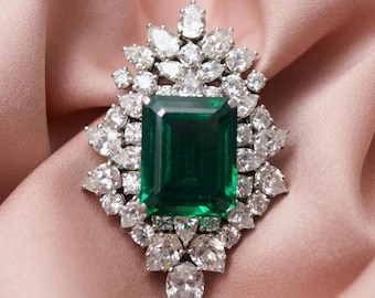 Green Emerald Brooch, 925 Sterling Silver Brooch, 14K White Gold Plated Pin, Vintage Statement Brooch, Bridal Jewellery, Gift for Her.