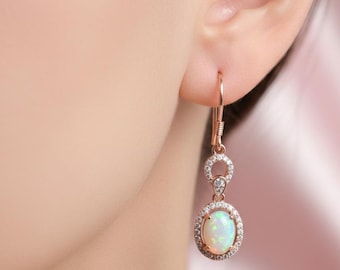 Opal Drop Earrings , 925 Sterling Silver Rose Gold Plated , Oval Opal Dangle Earrings , Vintage Bridal Jewellery Gift for Her .