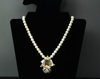 Handcrafted Pearl Beaded Necklace with Gold and Silver Orchid Pendant, Elegant Statement Jewelry Gift for Women