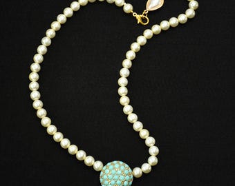 Handcrafted Pearl Beaded Necklace with Turquoise Cluster Ball Pendant, Elegant Statement Jewelry Gift for Women