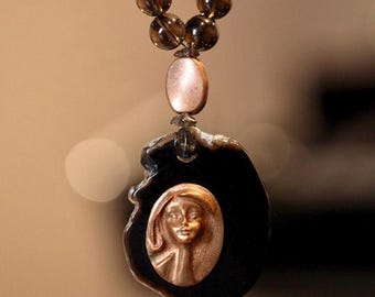 Handcrafted Smoky Quartz Bead Necklace with Bronze & Black Agate Cameo Pendant,  Jewelry Gift for Women