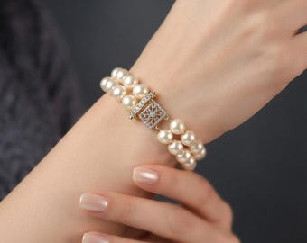 Double Strand Pearl Bracelet with Diamond Clasp, Vintage Style Pearl Jewelry, Bridal Pearl Bracelet, Gift for Her