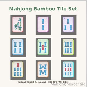 Puede incluir: Un conjunto de nueve fichas de Mahjong estilo acuarela. Cada ficha presenta un número del uno al nueve, con palos de bambú o un diseño de pájaro y bambú. Las fichas están en una cuadrícula, con un fondo claro y el texto "Mahjong Bamboo Tile Set".