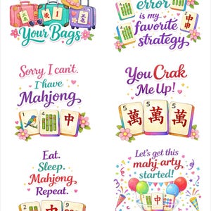 May include: A set of vibrant illustrations with Mahjong tiles and text including "Crak Your Bags", "Tile and error is my favourite strategy", and "Let's get this mahj arty started!" with floral details.
