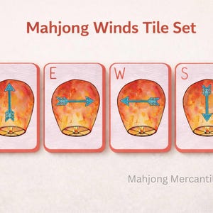 Op de afbeelding: Mahjong Winds Tile Set met vier tegels met aquarel illustraties van luchtballonnen. Elke tegel toont een kompasrichting (Noord, Oost, West, Zuid) met pijlsymbolen. De tekst "Mahjong Winds Tile Set" staat bovenaan.