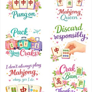 Op de afbeelding: Een verzameling kleurrijke illustraties met tekst gerelateerd aan Mahjong. De ontwerpen bevatten zinnen als "Keep calm and Pungon", "Mahjong Queen" en "Pack Your Craks". Bloemenaccenten en decoratieve elementen versterken het speelse thema.