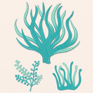 May include: Three embroidered patches featuring aquatic plant designs in shades of teal and turquoise. The largest patch depicts a tall, branching sea plant, while the smaller patches show a delicate, leafy sprig and a cluster of wavy, grass-like blades.