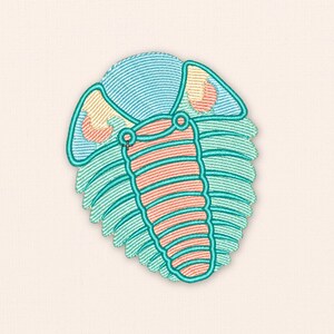 May include: Embroidered design of a trilobite fossil in shades of teal, orange, and light blue. The design features detailed stitching, with a rounded body and segmented sections. The background is a solid, neutral color.