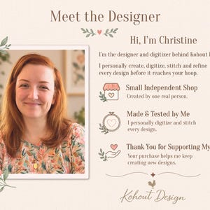 May include: A Meet the Designer graphic for Kohout Design featuring a photograph of a person with shoulder-length auburn hair wearing a floral top. Text includes: Hi, I'm Christine, Small Independent Shop, Made & Tested by Me, and Thank You.