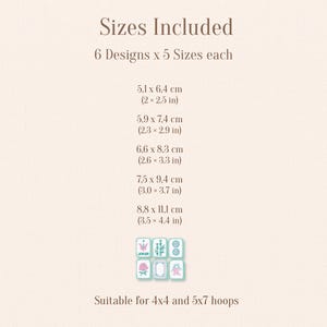 Mahjong embroidery bundle size chart showing five sizes for 4x4 and 5x7 hoops.