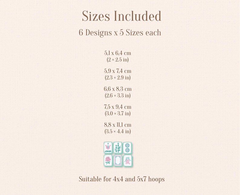 Mahjong embroidery bundle size chart showing five sizes for 4x4 and 5x7 hoops.