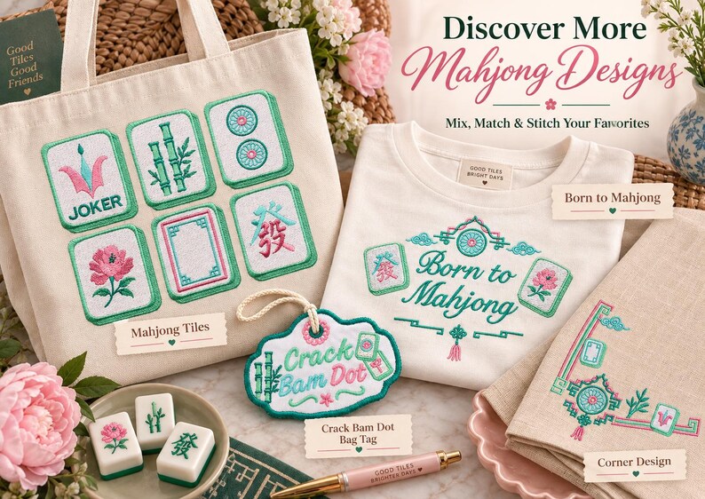 May include: A beige canvas tote bag with embroidered mahjong tiles, a white t-shirt with the text Born to Mahjong, a cloud-shaped bag tag with the text Crack Bam Dot, and a linen cloth with a corner design, all featuring green and pink accents.
