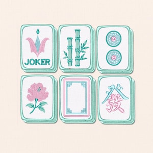 Mahjong tile machine embroidery files displayed as a six design bundle for digital download.
