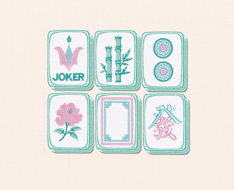 Mahjong tile machine embroidery files displayed as a six design bundle for digital download.