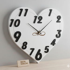 Peut inclure: Une horloge murale blanche en forme de cœur avec des chiffres et des aiguilles noirs. L'horloge comporte un ornement brun décoratif au centre et les mots "DIGITAL DOWNLOAD" sur une petite pancarte en bois.