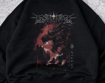 Vintage Washed Graphic Design Skyrim Alduin Sweatshirt, Unisex Elder Scrolls Crewneck