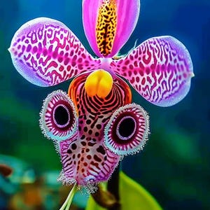 May include: A vibrant, exotic orchid with a unique, eye-like structure. The flower features a large, pink petal at the top and intricate patterns in purple and white. The center has a yellow and black design, with two eye-like structures below.