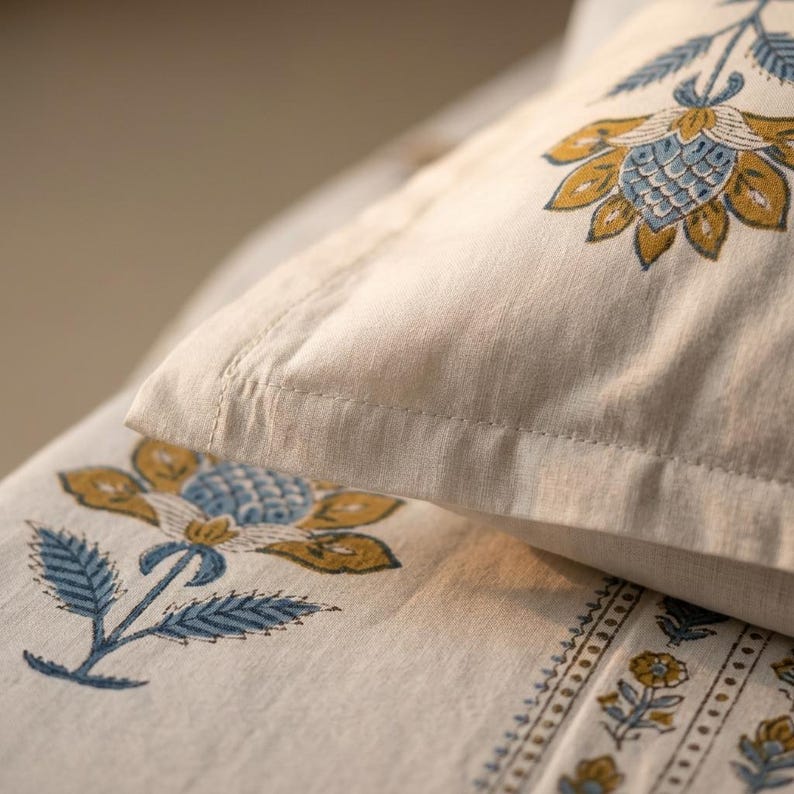 May include: Close-up of a cream-colored pillow and bedding set with a floral pattern. The design features blue and gold flowers and leaves. The fabric appears to be linen or a similar natural material.