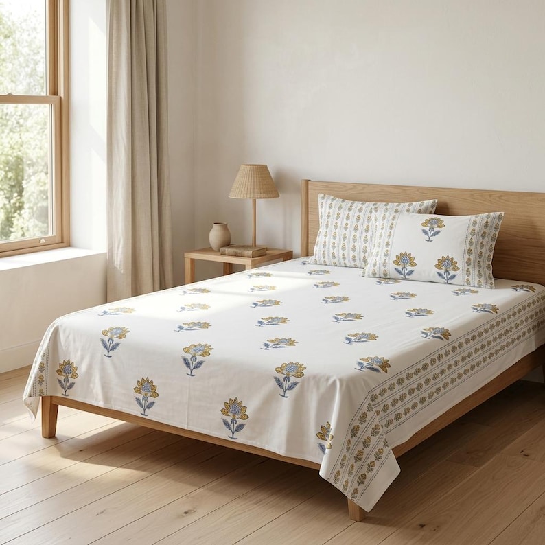 May include: White bed linens with a floral pattern in yellow and blue. The set includes a flat sheet, fitted sheet, and two pillowcases. The bed is made of light-colored wood.