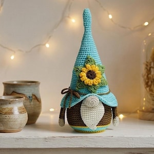 Patrón de amigurumi de gnomo girasol a crochet (PDF digital) – Juguete de peluche hecho a mano para decoración otoñal