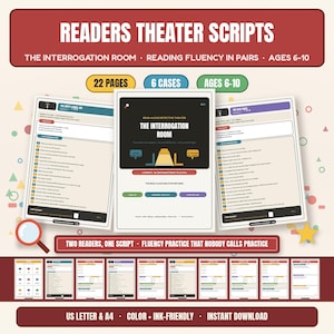 Peut inclure: Scripts de théâtre pour lecteurs intitulés The Interrogation Room pour les 6-10 ans. Comprend 22 pages, 6 cas et des exercices de lecture. Présente une page de couverture centrale entourée de deux pages de script, une loupe et des vignettes.