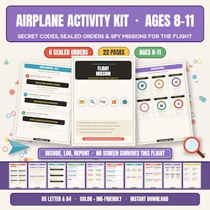Peut inclure: Un kit d'activités pour avion destiné aux 8-11 ans comprenant 22 pages de codes secrets, d'ordres scellés et de missions d'espionnage. Le kit inclut des badges de mission, des missions codées et des feuilles de vol avec des icônes colorées.
