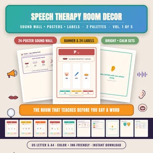 Peut inclure: Un ensemble de décoration pour salle d'orthophonie numérique comprenant un mur sonore, des affiches et des étiquettes. Les graphiques incluent du texte tel que SPEECH THERAPY ROOM DECOR, THE ROOM THAT TEACHES BEFORE YOU SAY A WORD et des exemples phonétiques.