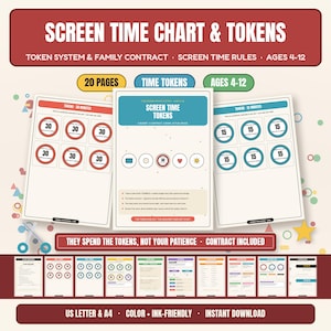 Peut inclure: Un système de gestion du temps d'écran imprimable pour les 4-12 ans, comprenant 20 pages avec un contrat familial, des règles, et des jetons de 15 et 30 minutes en rouge et bleu, formatés pour les papiers de taille US letter et A4.