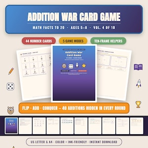 May include: Addition War Card Game for ages 5-8, volume 4 of 10. Includes 44 number cards, 5 game modes, and ten-frame helpers. Features a blue and purple gradient cover, printable battle mats, referee cards, and owl-themed number cards.