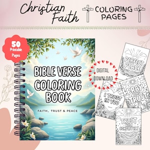Peut inclure: Un livre de coloriage de versets bibliques à spirale avec une couverture panoramique représentant un lac et des montagnes. Le livre est intitulé "Bible Verse Coloring Book" avec les mots "Faith, Trust & Peace" en dessous. Comprend 50 pages imprimables et un téléchargement numérique.