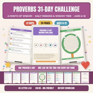 Peut inclure: Un ensemble imprimable de 24 pages pour le défi des Proverbes sur 31 jours, destiné aux 6-12 ans, avec des missions quotidiennes, un arbre de la sagesse et un certificat. Versions couleur et économie d'encre, formats US Letter et A4.