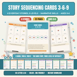 May include: Story sequencing cards 3-6-9 educational set featuring 6 everyday stories across 3 levels for ages 3-6. Includes 22 pages of story strips with colorful icons, narrative skill activities, and instructions for 3, 6, and 9 card sequences.