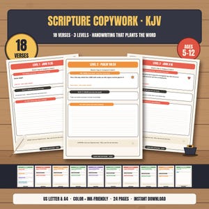 Bibelverse zum Abschreiben (zum Ausdrucken) | 18 Bibelverse (KJV), 3 Schwierigkeitsstufen | Schreibübungen | Für christliche Kinder im Heimunterricht (5-12 Jahre)