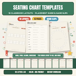 Peut inclure: Un ensemble de modèles de plans de classe comprenant 10 dispositions, 15 pages et des étiquettes de noms. Les documents incluent du texte tel que SEATING CHART TEMPLATES, WHICH LAYOUT, WHEN? et diverses configurations de classe au format A4.