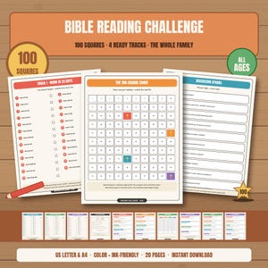 Family Bible Reading Challenge Printable | 100 Box Wall Chart + 4 Reading Plans | Kids Bible Tracker | Whole Family PDF