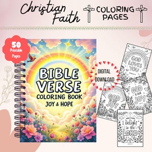 Peut inclure: Un livre de coloriage de versets bibliques à spirales avec un arc-en-ciel et un motif floral. La couverture indique "Bible Verse Coloring Book Joy & Hope". Comprend 50 pages imprimables et un téléchargement numérique. Des pages de coloriage supplémentaires avec des citations inspirantes sont également présentées.