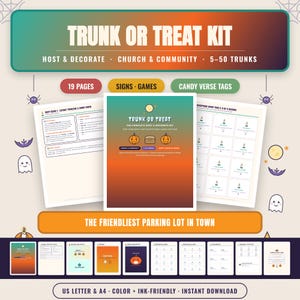 Peut inclure: Un kit Trunk or Treat comprenant 19 pages de panneaux, jeux et étiquettes de versets de bonbons imprimables. Le kit inclut un guide de l'hôte, un calendrier et des calculs de bonbons. Design avec fond dégradé orange et bleu sarcelle.