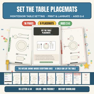 Op de afbeelding: Een set printbare Montessori placemats voor kinderen van 2-6 jaar, bestaande uit 16 pagina's en 8 placemats. De documenten bevatten omtrekken voor borden, vorken, lepels en messen, met instructies voor kinderen om de tafel te leren dekken.