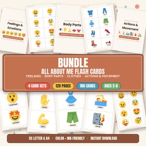 Peut inclure: Un ensemble de cartes éducatives intitulé All About Me Flash Cards, comprenant 125 pages et 186 cartes pour les 2-6 ans. Le lot inclut des catégories sur les émotions, les parties du corps, les vêtements et les actions avec des illustrations.