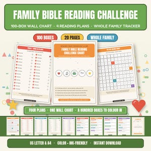 Peut inclure: Un kit de défi de lecture de la Bible en famille comprenant un tableau mural de 100 cases, 4 plans de lecture et un suivi. L'ensemble contient 20 pages avec du texte imprimé, des listes de contrôle et une grille de 100 carrés. Couleurs vert, orange et bleu.