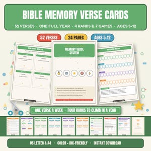 Peut inclure: Ensemble de cartes de mémorisation de versets bibliques comprenant 52 versets, 24 pages et 7 jeux pour les 5-12 ans. Inclut un système de mémorisation, un suivi sur 52 semaines et diverses feuilles imprimables en couleur ou en noir et blanc.