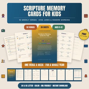 Peut inclure: Un ensemble de cartes de mémorisation des Écritures pour enfants avec 52 versets hebdomadaires en version King James et moderne. Le produit numérique comprend 28 feuilles, imprimables en A4 et US Letter, avec des options couleur et économie d'encre.