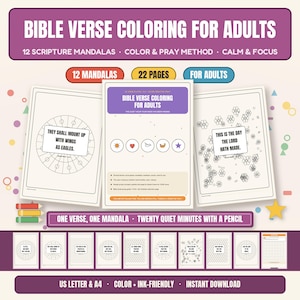 Bible Verse Mapping & Coloring Pages for Adults | 12 Scripture Mandalas + Color Pray Method | Calm Down Corner Christian Gift | PDF