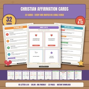 Cartes Affirmations Chretiennes Enfants en Anglais | 32 Cartes avec Versets + Poster Miroir + Notes Lunchbox + Carte Jours Durs | 4-12 Ans