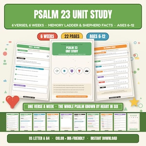 Peut inclure: Un livret d'étude biblique sur le Psaume 23 de 22 pages pour les enfants de 6 à 12 ans. Le document comprend un programme de 6 semaines, une échelle de mémorisation, des faits sur les bergers et des feuilles d'exercices sur les versets.