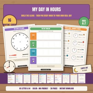Telling Time Montessori Printable | Build a Clock + 16 Daily Routine Cards | Learn to Tell Time Ages 4-7 | PDF
