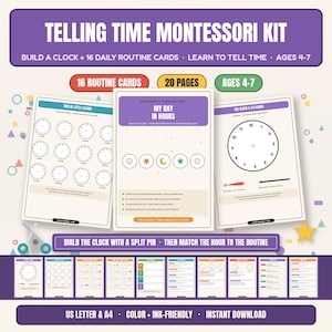 Telling Time Montessori Printable | Build a Clock + 16 Daily Routine Cards | Learn to Tell Time Ages 4-7 | PDF
